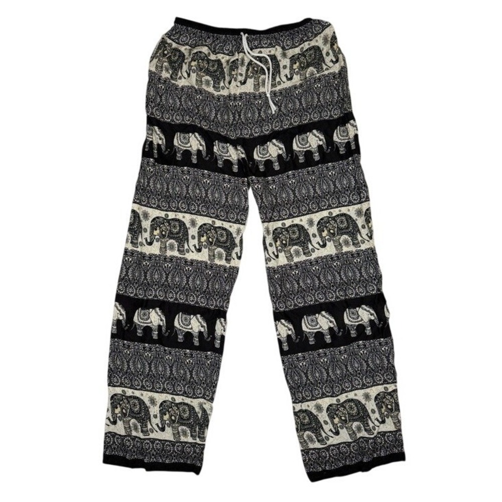 Womens Large Elephant‎ Print Harem Pants Black White Cotton Boho Lounge Thai